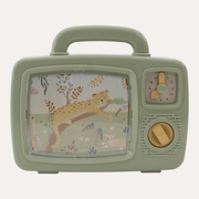 Front view of Little Dutch Safari Friends musical TV with a green case, animal screen, clock face and yellow dial.