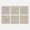 Six interlocking jigsaw puzzle play mats arranged in a 2x3 grid, featuring whimsical safari animal illustrations including an elephant, lion, rabbit, snake, giraffe, and deer in soft muted colors on a light beige background.
