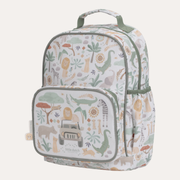 Little Dutch Safari Friends large backpack with illustrated animals, green trim, front zip pocket and side pockets.
