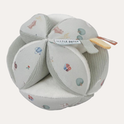 Little Dutch Little Farm Sensory Gripping Ball with curved green panels, farm print and small fabric tabs.