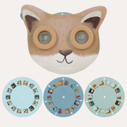 Little Dutch Forest Friends Story Viewer with an animal-shaped face and blue circular picture discs arranged below.