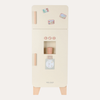 Beige toy refrigerator with wooden handles and small magnets on a white background