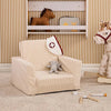 Children's room with beige armchair, toys, and striped wallpaper