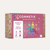 Connetix magnetic tiles packaging with geometric designs on a pink background