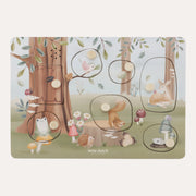 Little Dutch Forest Friends Wooden Sound Puzzle showing woodland animals and a tree with knobbed puzzle pieces in place.