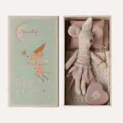 Maileg Little Sister Tooth Fairy Mouse in an open matchbox with bedding and a pink heart-shaped tooth tin.