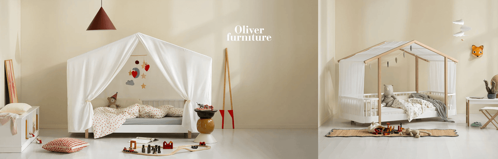 Children's room with a playhouse bed and toys, featuring the brand 'Oliver Furniture'.