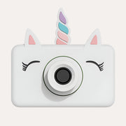 The Zoofamily Unicorn Zoo Friends camera with a white face, closed-eye illustration and pastel striped horn above the lens.