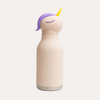 Unicorn-shaped water bottle with purple hair and yellow horn on a white background
