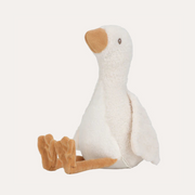 Plush toy goose with a white body and brown feet and beak on a light gray background