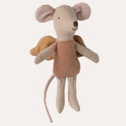 Maileg Little Fairy Mouse in Powder with a pale pink body, golden wings and long tail, shown from the front.