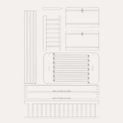 Line drawing of Oliver Furniture Mini+ low bunk conversion parts, including a ladder, slatted bed base, rails and end panels.