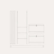 Line drawing of Oliver Furniture Mini+ low loft conversion parts, including long posts, a ladder and curved end panels.