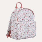 Little Dutch Fairies Kids Backpack in three-quarter view with floral print, a front pocket and pink handle.