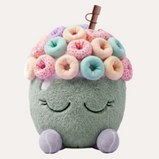 Asobu Sunny the Spoon Fuzzie Water Bottle in a green bowl-shaped plush sleeve topped with colourful rings.