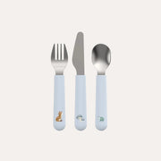 Set of children's cutlery with blue handles featuring animal illustrations on a light gray background.
