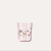 Pink pouch with floral and animal designs on a white background