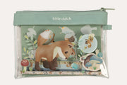 Little Dutch Forest Friends stationery set in a clear green-trimmed pouch with a fox illustration.