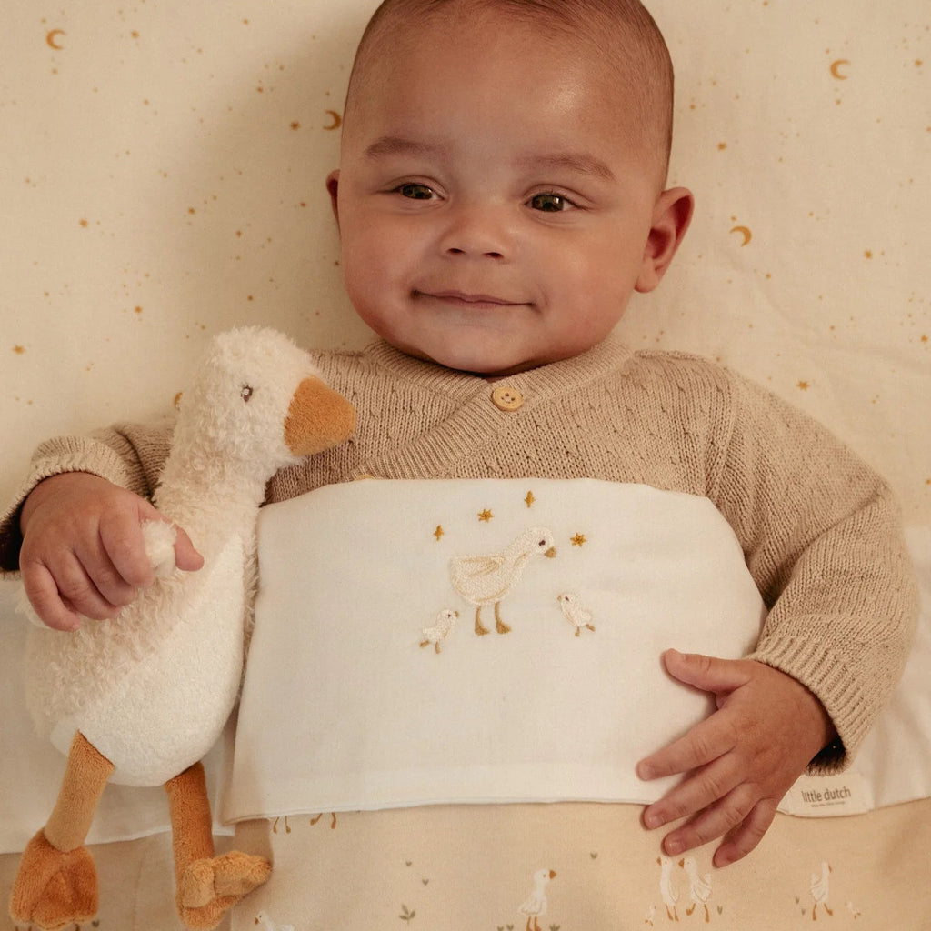 Baby holding a plush goose toy against a patterned background