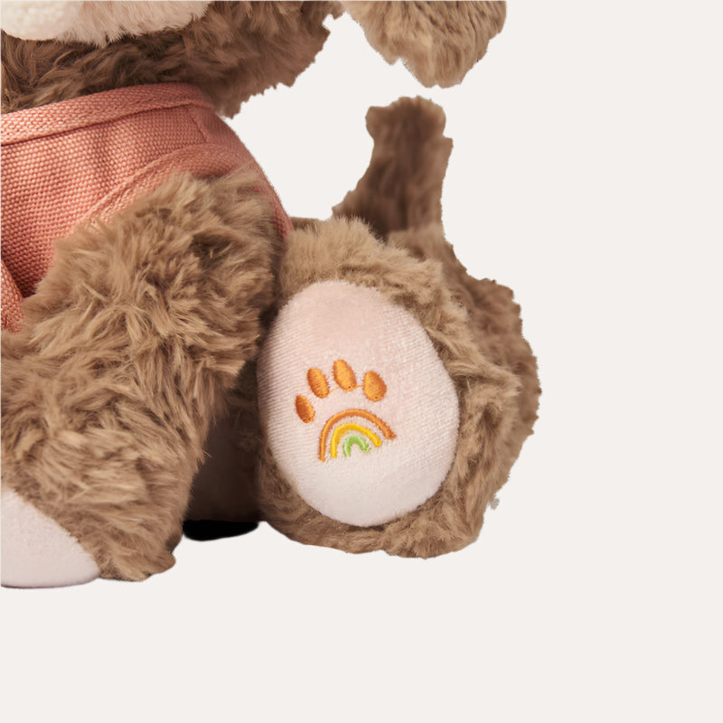 Close-up of a plush toy with a paw print featuring a rainbow on a white background