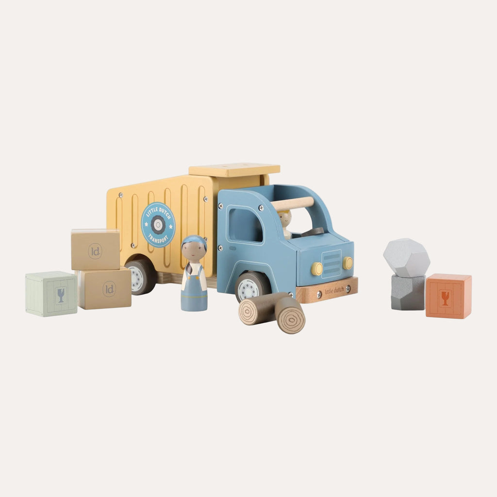 Wooden toy truck with boxes and figures on a white background