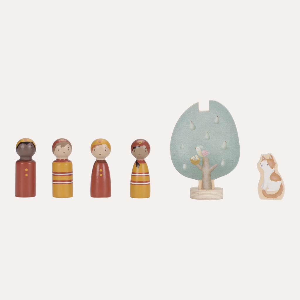 Set of wooden figurines with a tree and animal on a white background
