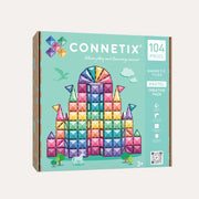 Connetix Pastel Creative Pack box with a turquoise front showing a colourful castle and a printed 104-piece label.