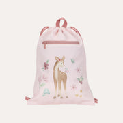 Little Dutch Fairy Garden pink gym bag with a deer illustration, drawstring top and front zip pocket.