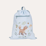 Little Dutch Forest Friends blue gym bag with a fox illustration, drawstring top and front zip pocket.