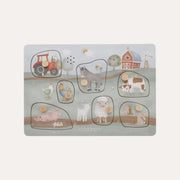 Front view of the Little Dutch Little Farm Wooden Sound Puzzle with knobbed farm animal and tractor pieces.
