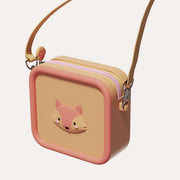 The Zoofamily Fox Zoo Bag with a tan front, coral edging, small fox-face badge and brown shoulder strap.