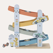 Little Dutch Ramp Racer with colourful zigzag tracks, racing car illustrations and small cars on the ramps.