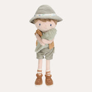 Little Dutch Safari Friends Ranger Jim doll in a green hat and shorts, holding a small pale green crocodile.