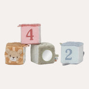 Little Dutch Safari Friends soft blocks stacked together, showing a lion, round mirror and large printed numbers.