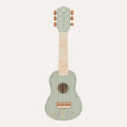 Front view of Little Dutch Safari Friends green guitar with animal illustrations around the sound hole and body.