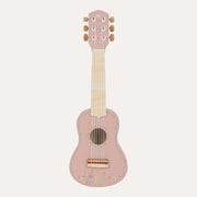 Front view of Little Dutch Safari Friends pink guitar with a pale neck and animal illustrations on the body.