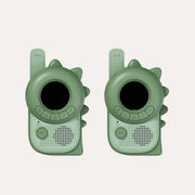 Two The Zoofamily Dino Green walkie-talkies side by side with round black screens, green antennas and dinosaur edges.